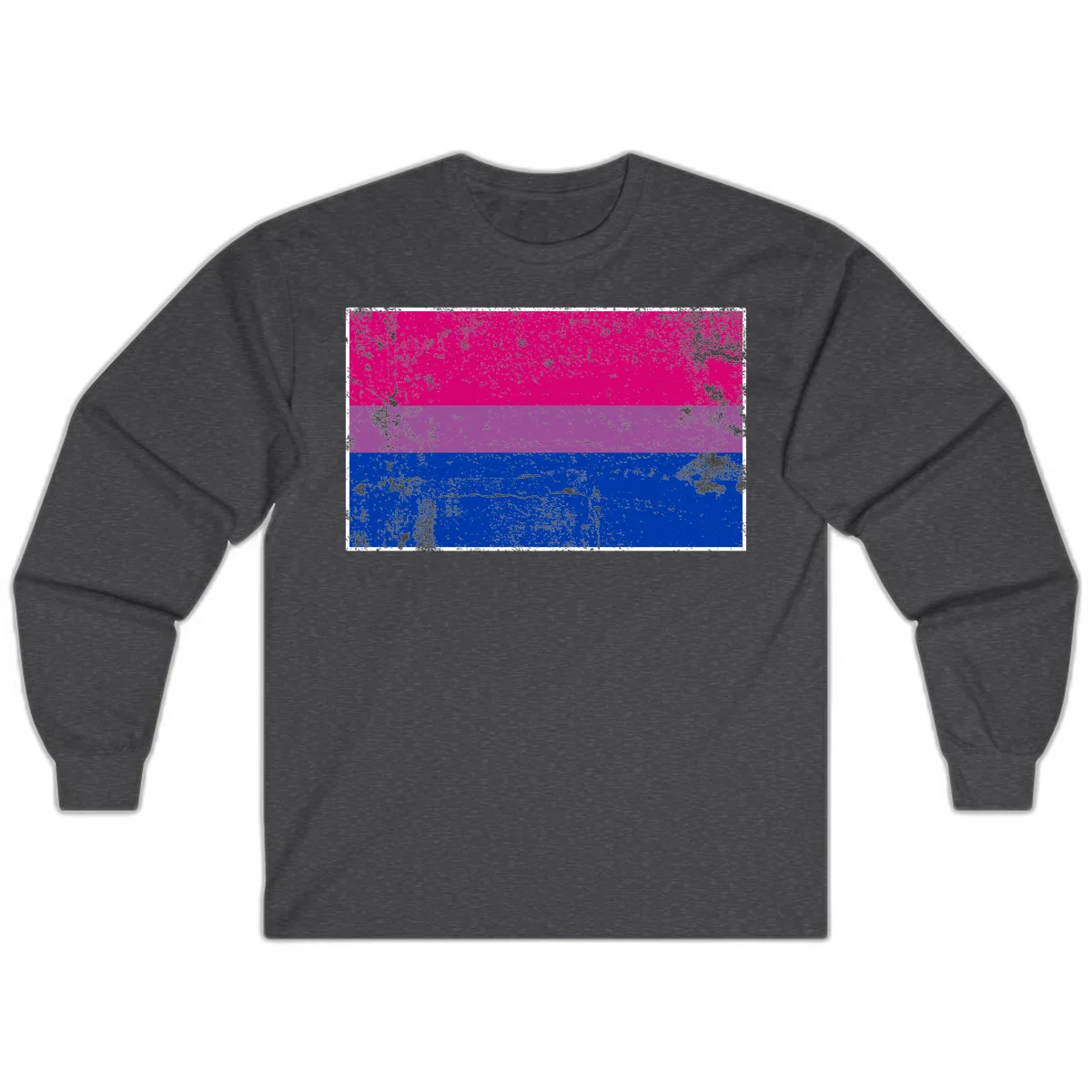 Distressed bisexual pride flag with magenta, purple, and blue horizontal stripes featuring weathered grunge texture overlay in Dark Heather