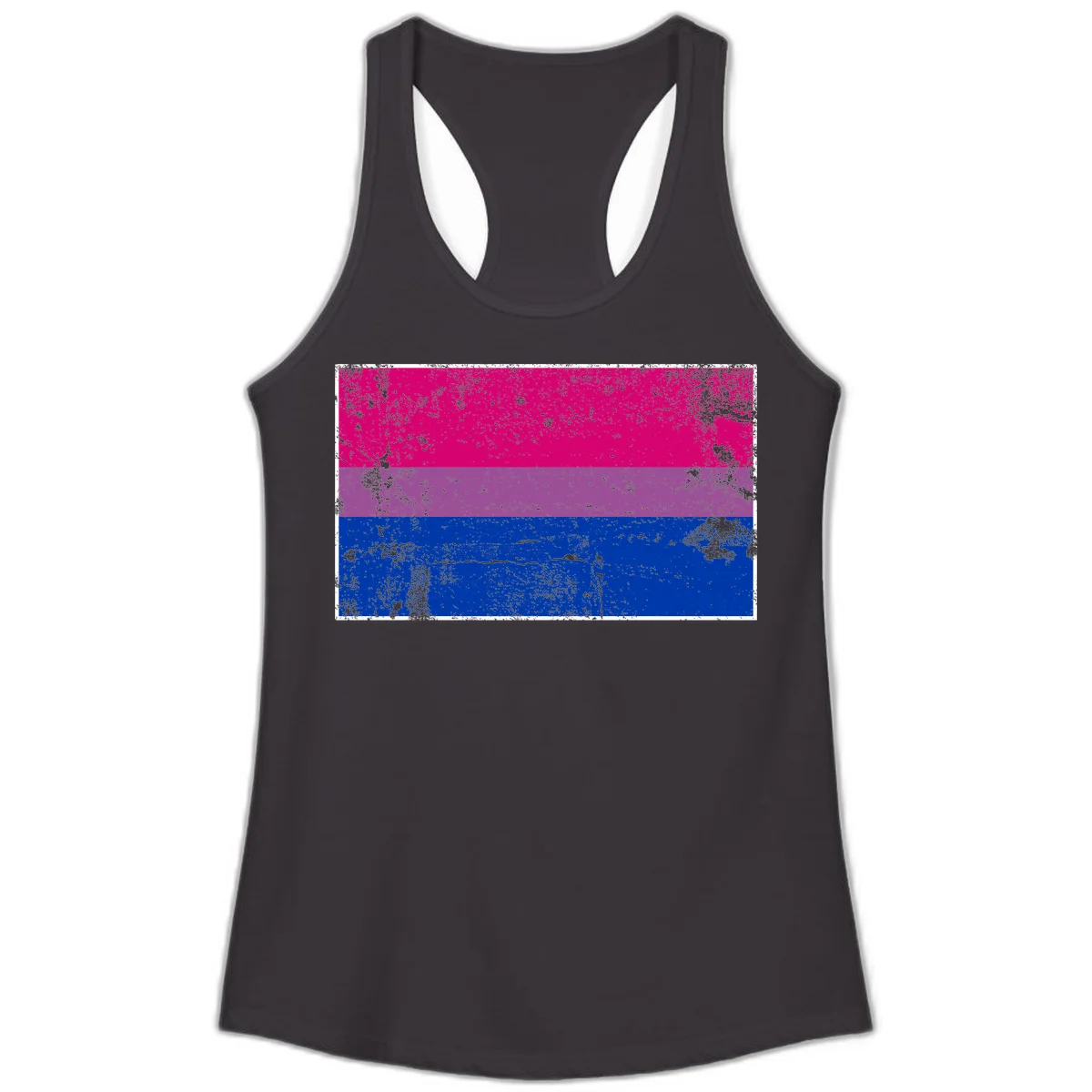 Distressed bisexual pride flag with magenta, purple, and blue horizontal stripes featuring weathered grunge texture overlay in Black