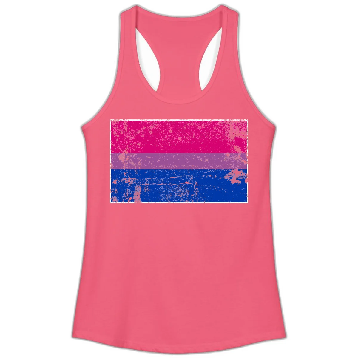 Distressed bisexual pride flag with magenta, purple, and blue horizontal stripes featuring weathered grunge texture overlay in Hot Pink