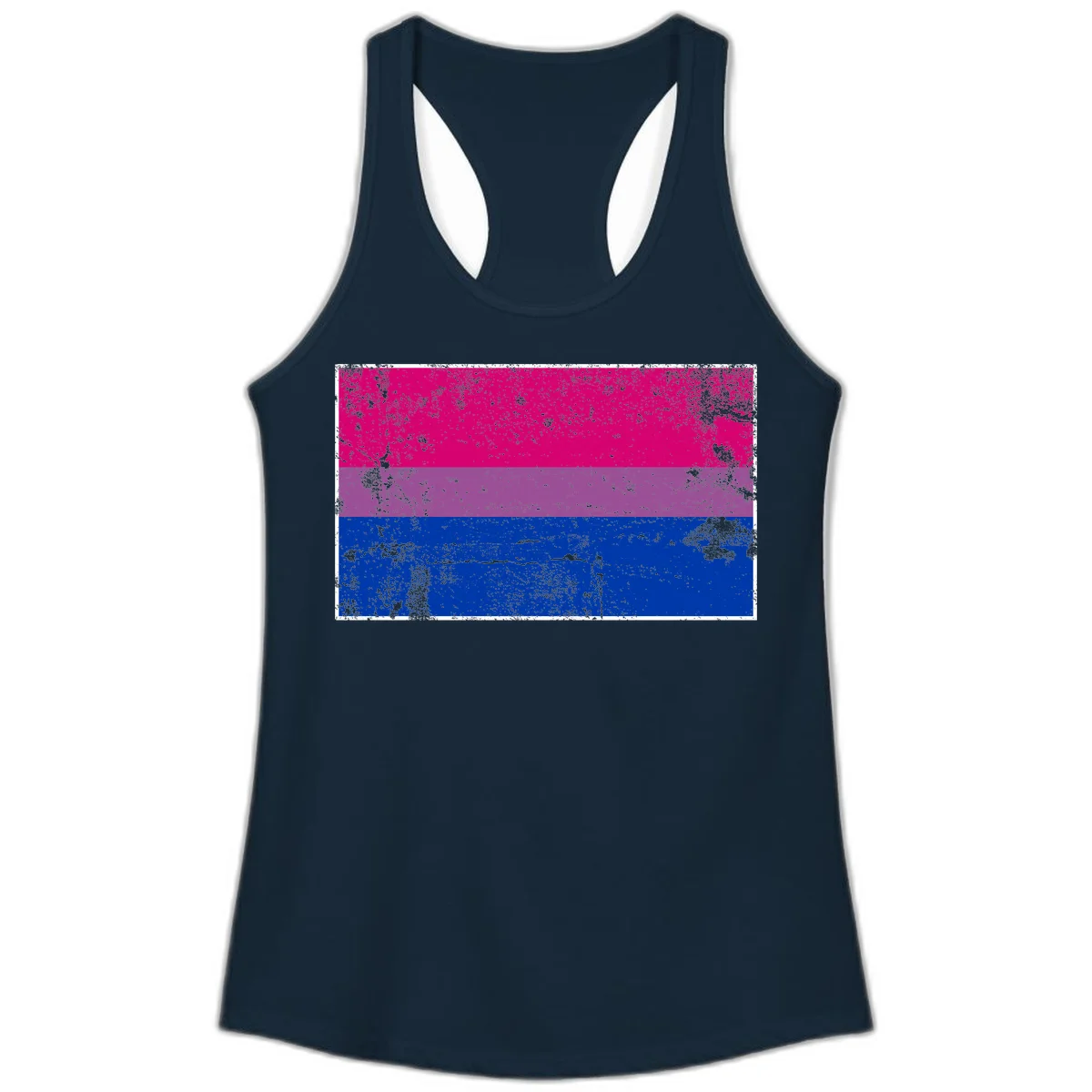 Distressed bisexual pride flag with magenta, purple, and blue horizontal stripes featuring weathered grunge texture overlay in Solid Midnight Navy