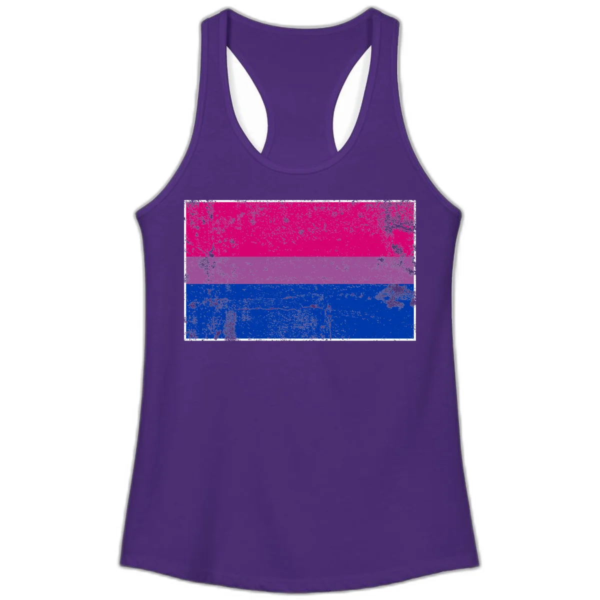 Distressed bisexual pride flag with magenta, purple, and blue horizontal stripes featuring weathered grunge texture overlay in Solid Purple Rush