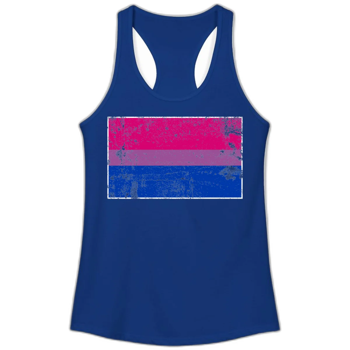 Distressed bisexual pride flag with magenta, purple, and blue horizontal stripes featuring weathered grunge texture overlay in Solid Royal
