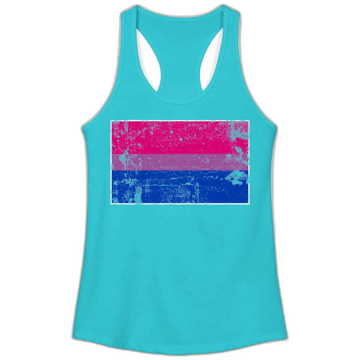 Distressed bisexual pride flag with magenta, purple, and blue horizontal stripes featuring weathered grunge texture overlay in Solid Tahiti Blue