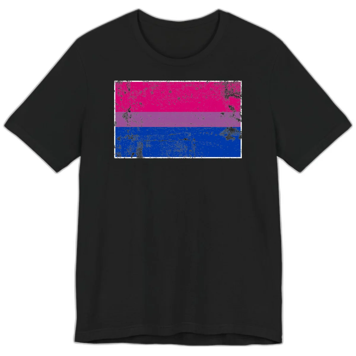 Distressed bisexual pride flag with magenta, purple, and blue horizontal stripes featuring weathered grunge texture overlay in Black