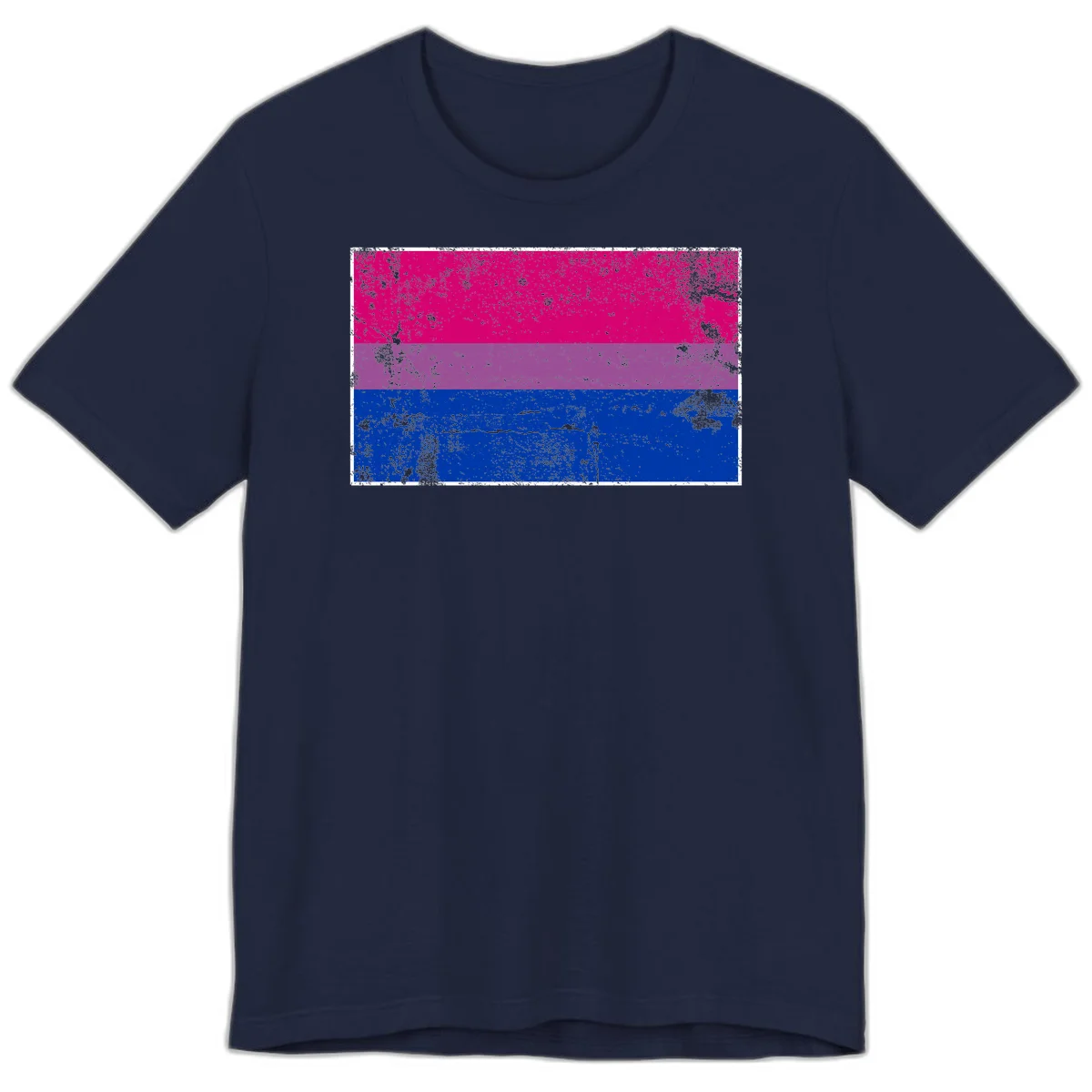 Distressed bisexual pride flag with magenta, purple, and blue horizontal stripes featuring weathered grunge texture overlay in Navy