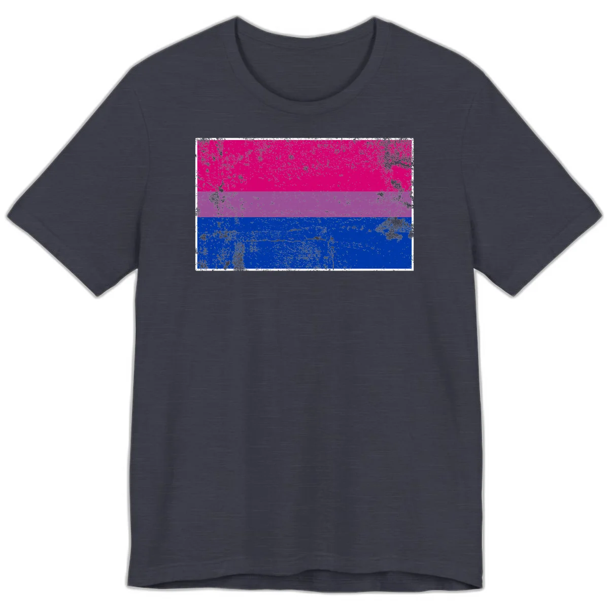 Distressed bisexual pride flag with magenta, purple, and blue horizontal stripes featuring weathered grunge texture overlay in Heather Midnight Navy
