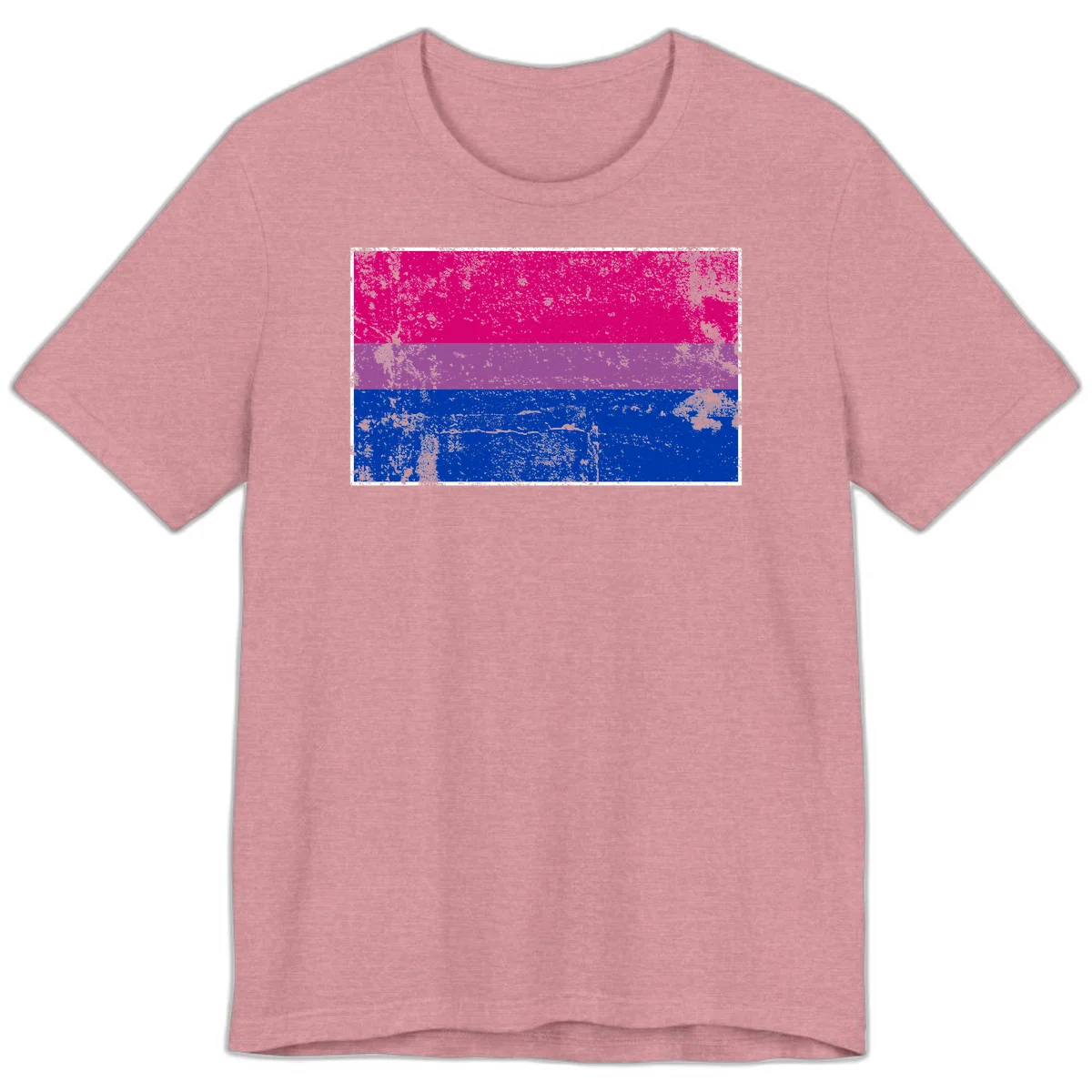 Distressed bisexual pride flag with magenta, purple, and blue horizontal stripes featuring weathered grunge texture overlay in Heather Orchid