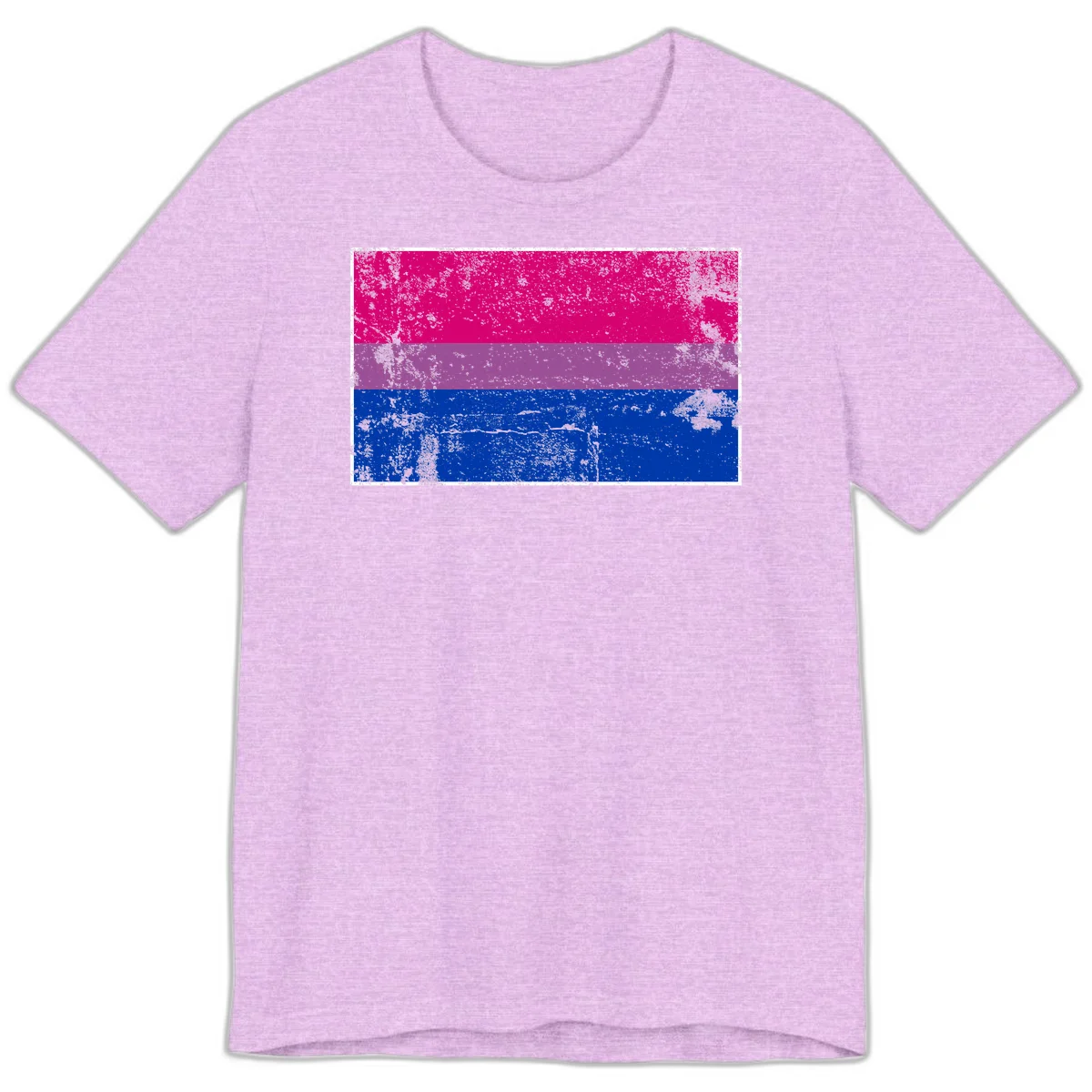 Distressed bisexual pride flag with magenta, purple, and blue horizontal stripes featuring weathered grunge texture overlay in Heather Prism Lilac