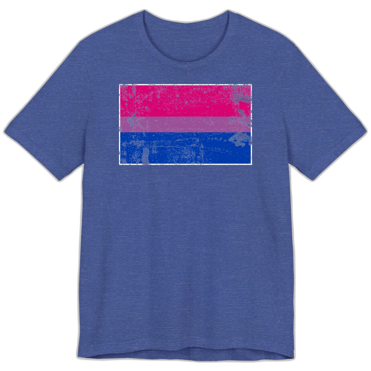 Distressed bisexual pride flag with magenta, purple, and blue horizontal stripes featuring weathered grunge texture overlay in Heather True Royal
