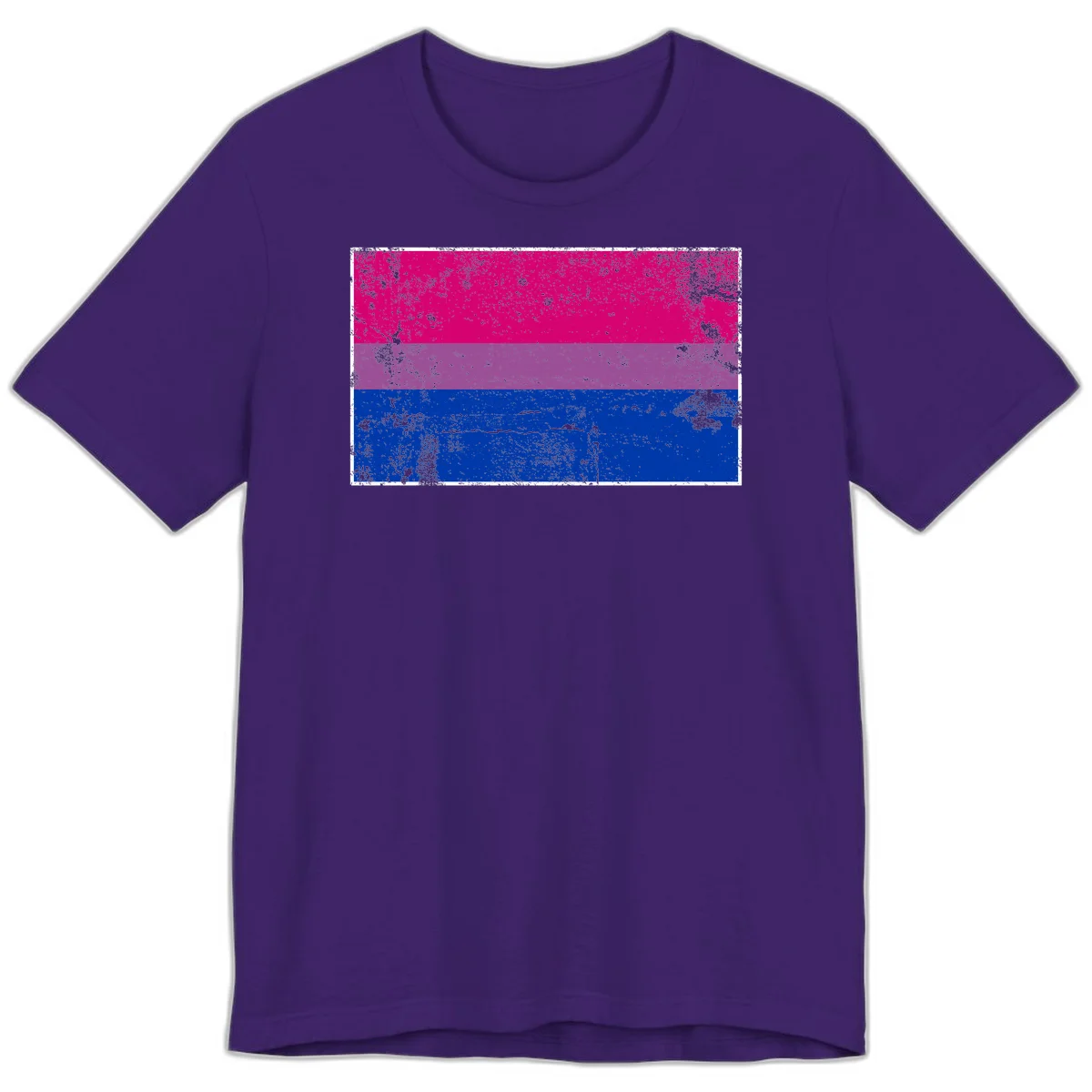 Distressed bisexual pride flag with magenta, purple, and blue horizontal stripes featuring weathered grunge texture overlay in Team Purple