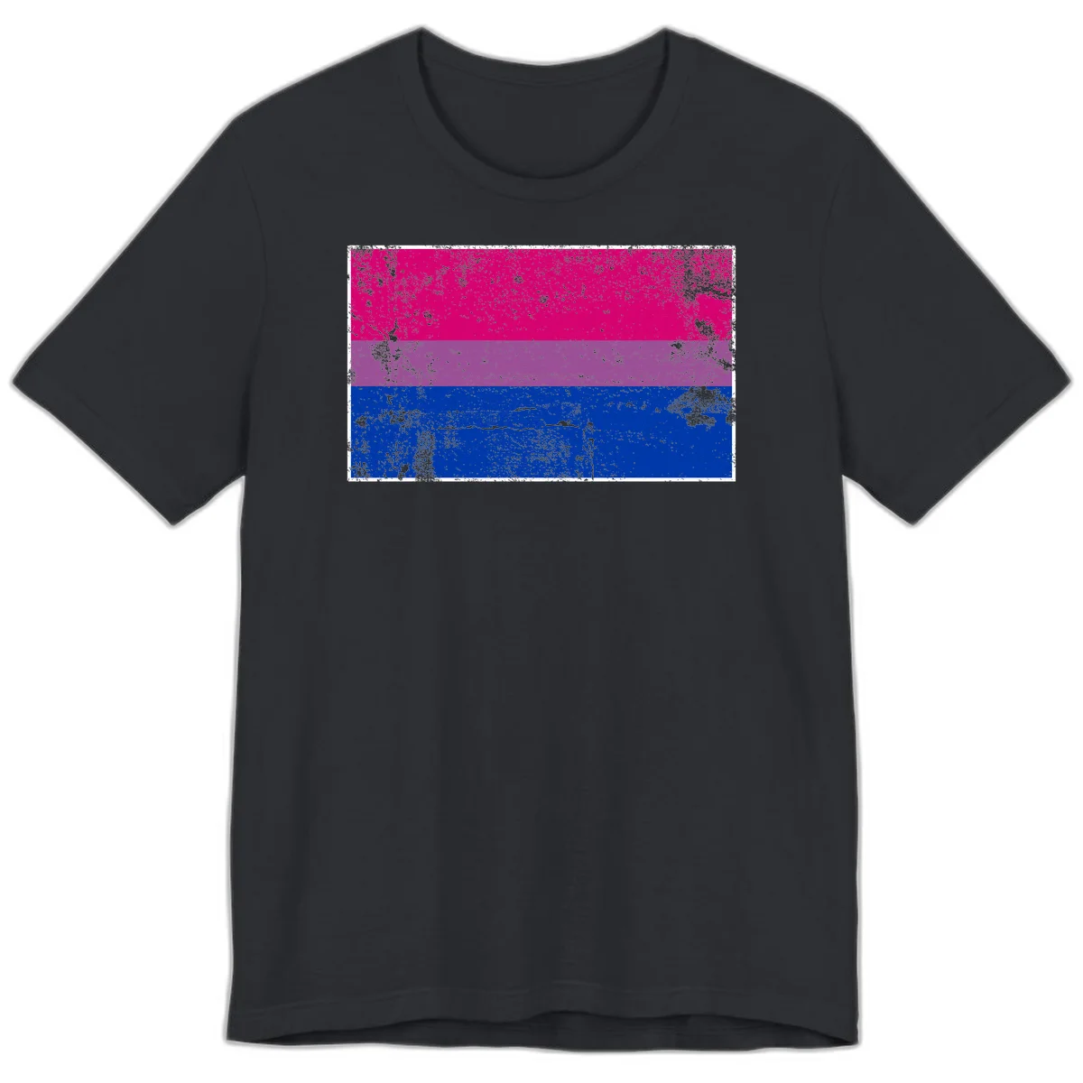 Distressed bisexual pride flag with magenta, purple, and blue horizontal stripes featuring weathered grunge texture overlay in Vintage Black