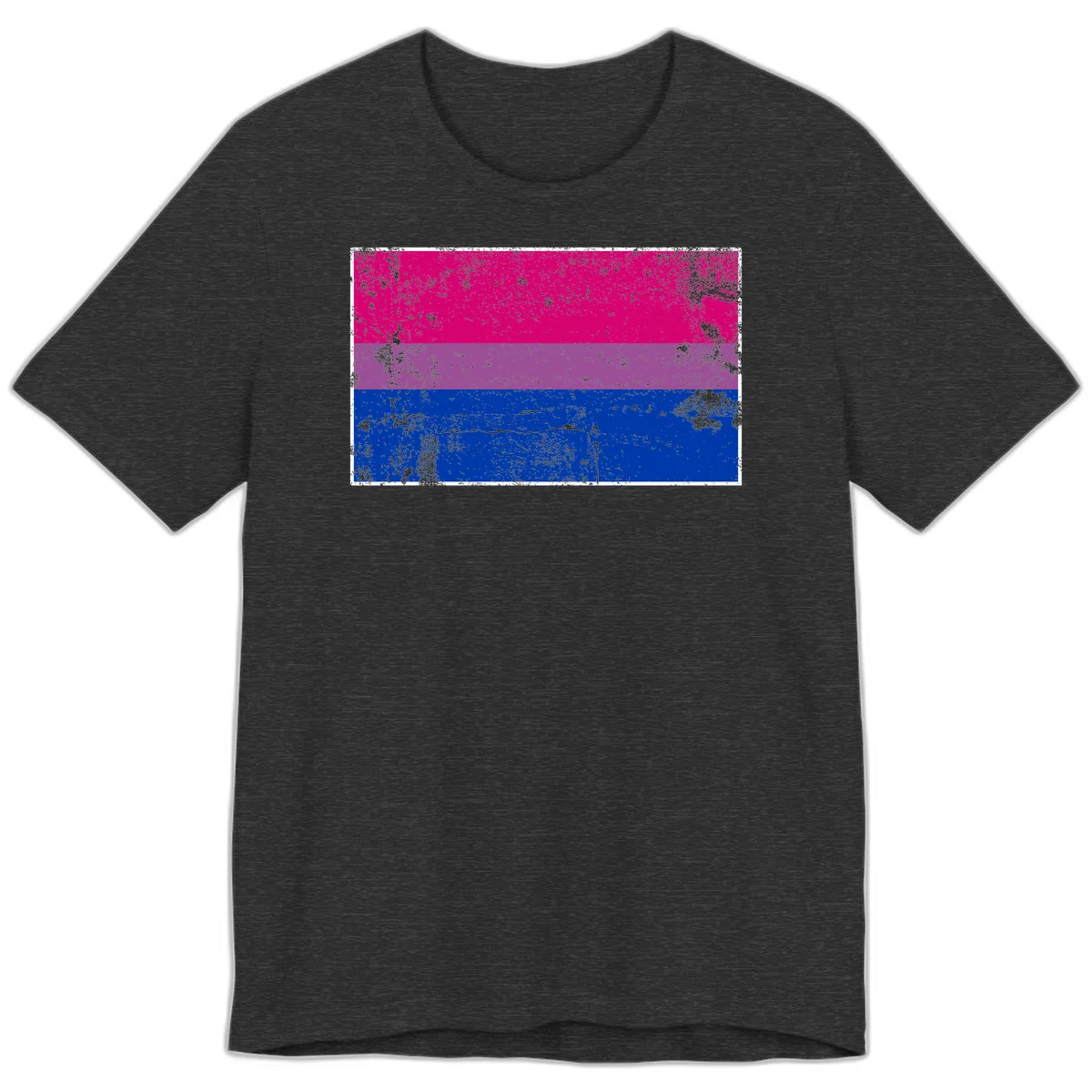 Distressed bisexual pride flag with magenta, purple, and blue horizontal stripes featuring weathered grunge texture overlay in Dark Grey Heather
