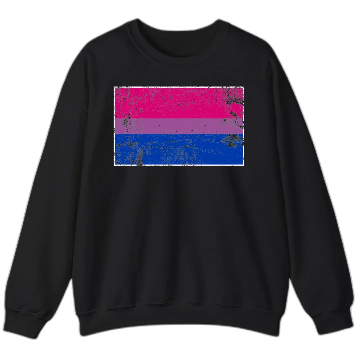 Distressed bisexual pride flag with magenta, purple, and blue horizontal stripes featuring weathered grunge texture overlay in Black