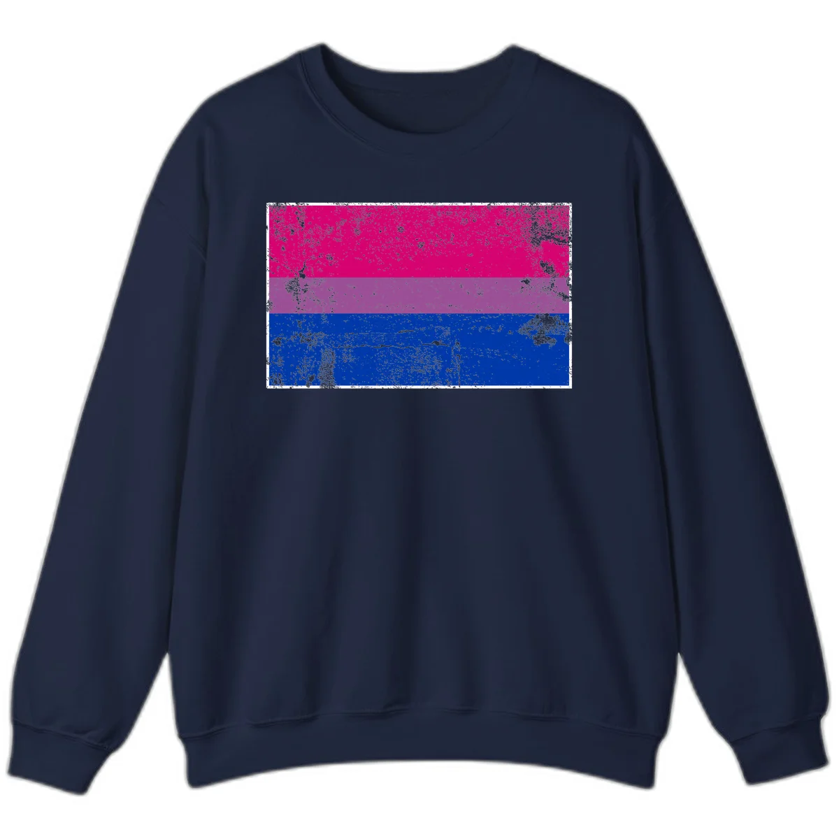 Distressed bisexual pride flag with magenta, purple, and blue horizontal stripes featuring weathered grunge texture overlay in Navy