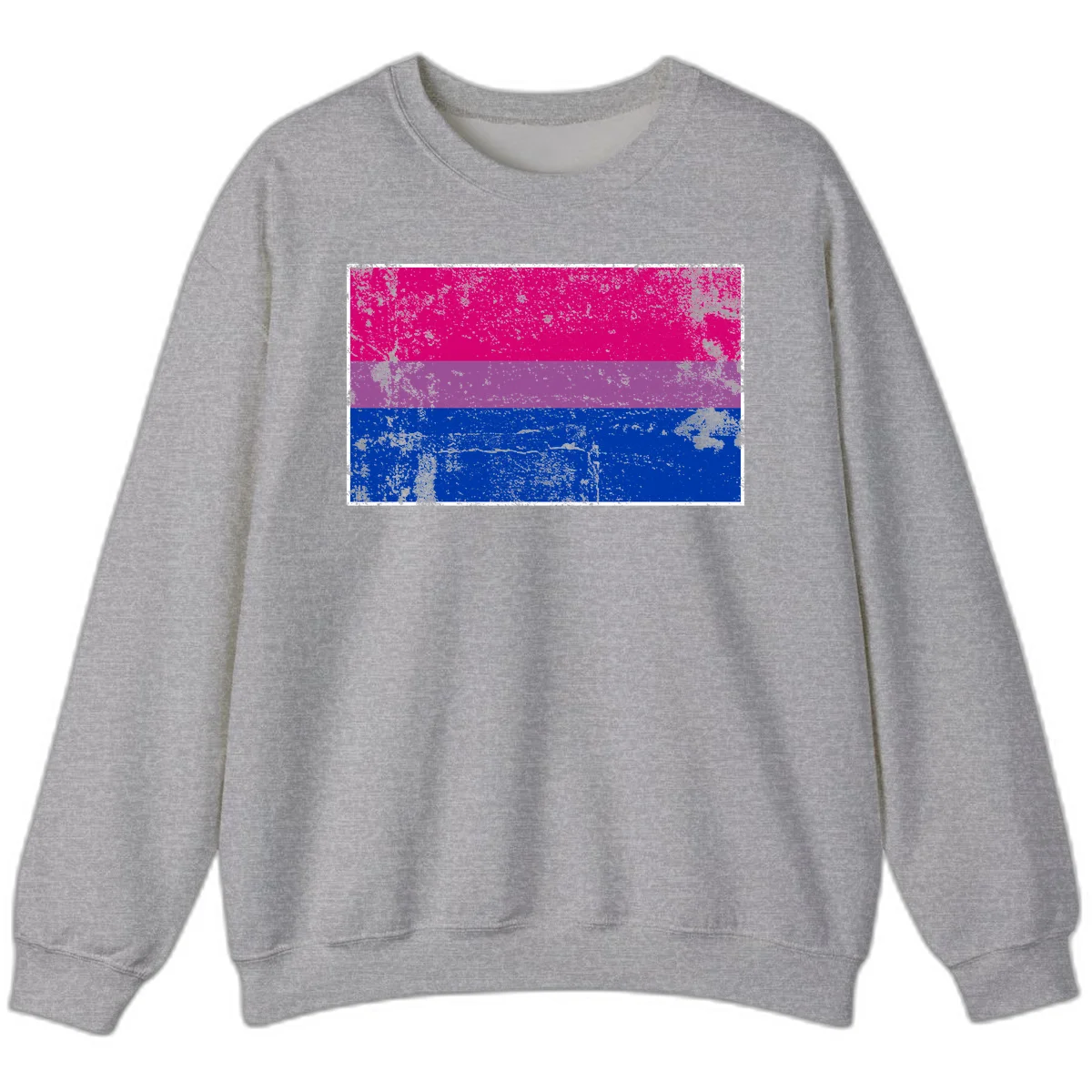 Distressed bisexual pride flag with magenta, purple, and blue horizontal stripes featuring weathered grunge texture overlay in Sport Grey