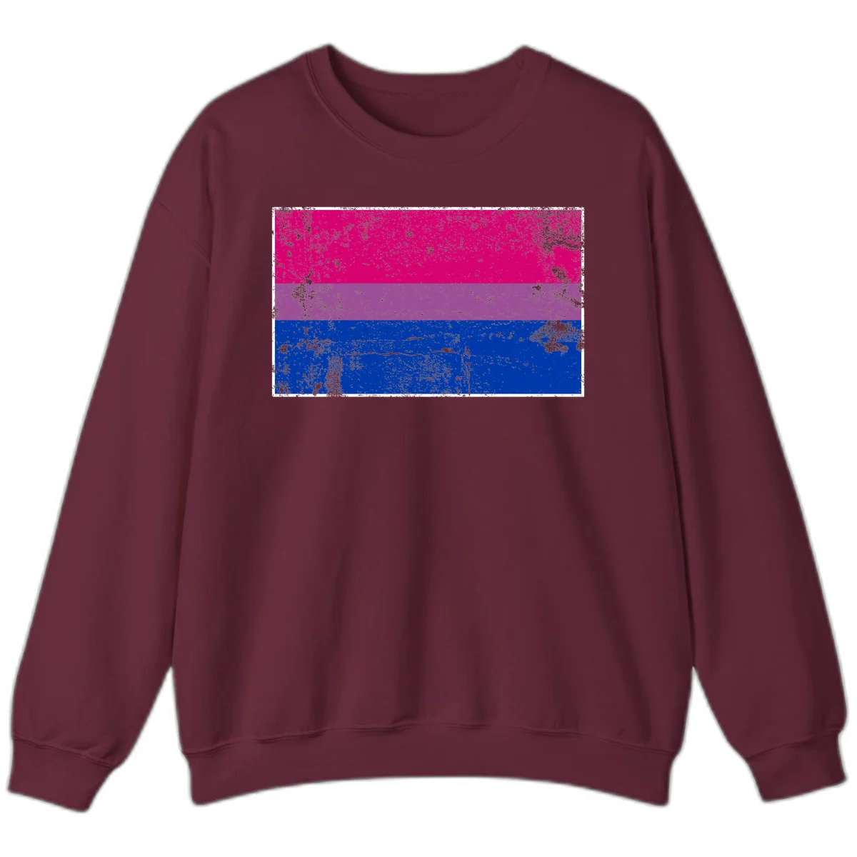 Distressed bisexual pride flag with magenta, purple, and blue horizontal stripes featuring weathered grunge texture overlay in Maroon