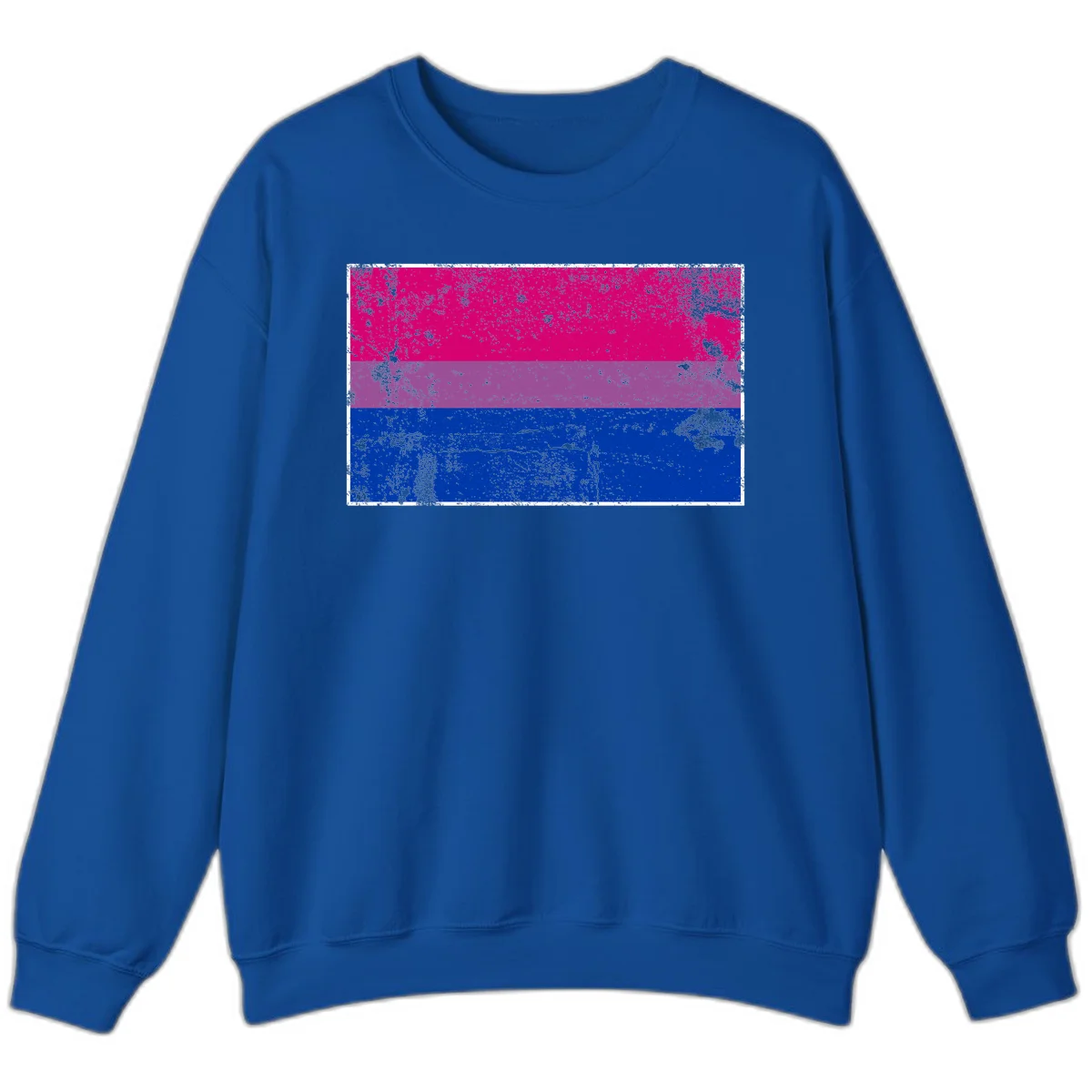 Distressed bisexual pride flag with magenta, purple, and blue horizontal stripes featuring weathered grunge texture overlay in Royal