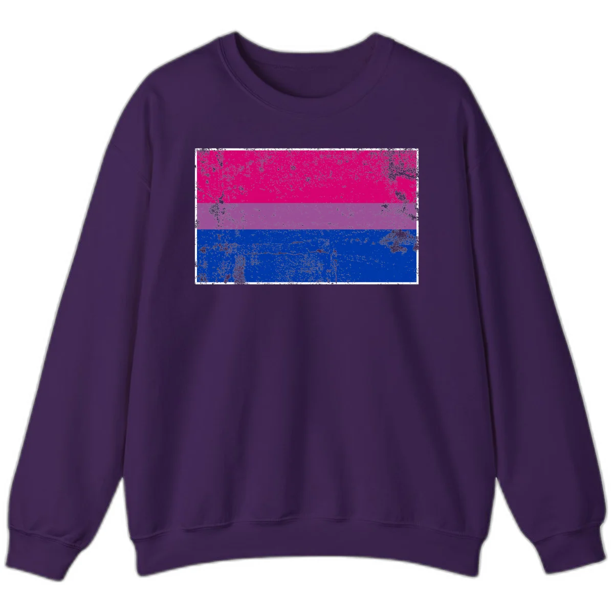Distressed bisexual pride flag with magenta, purple, and blue horizontal stripes featuring weathered grunge texture overlay in Purple