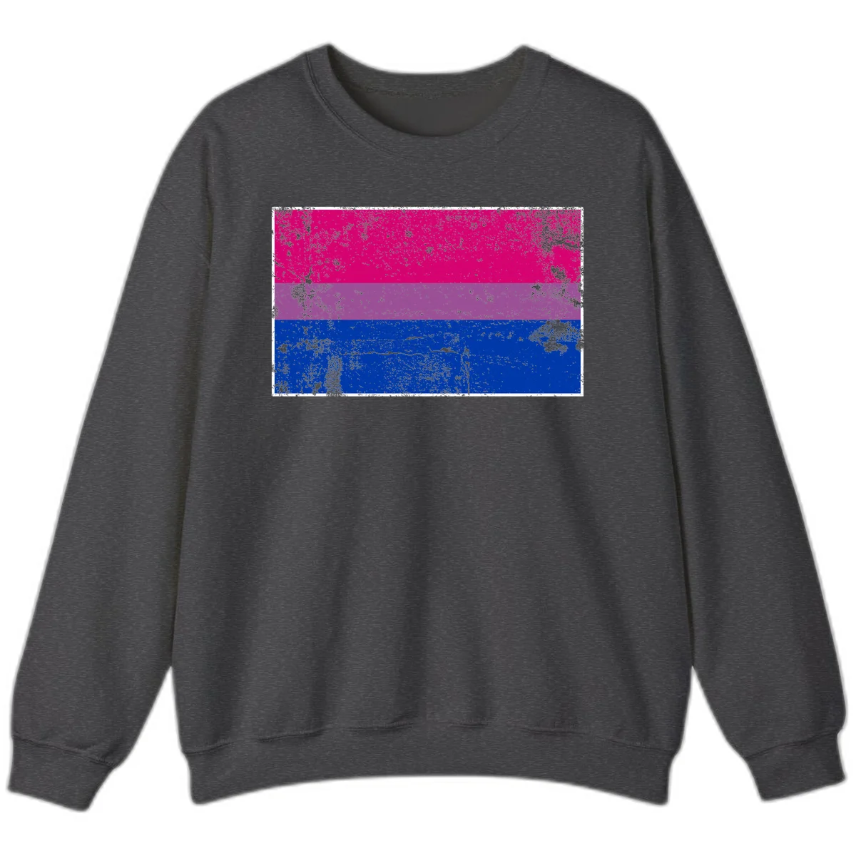 Distressed bisexual pride flag with magenta, purple, and blue horizontal stripes featuring weathered grunge texture overlay in Dark Heather