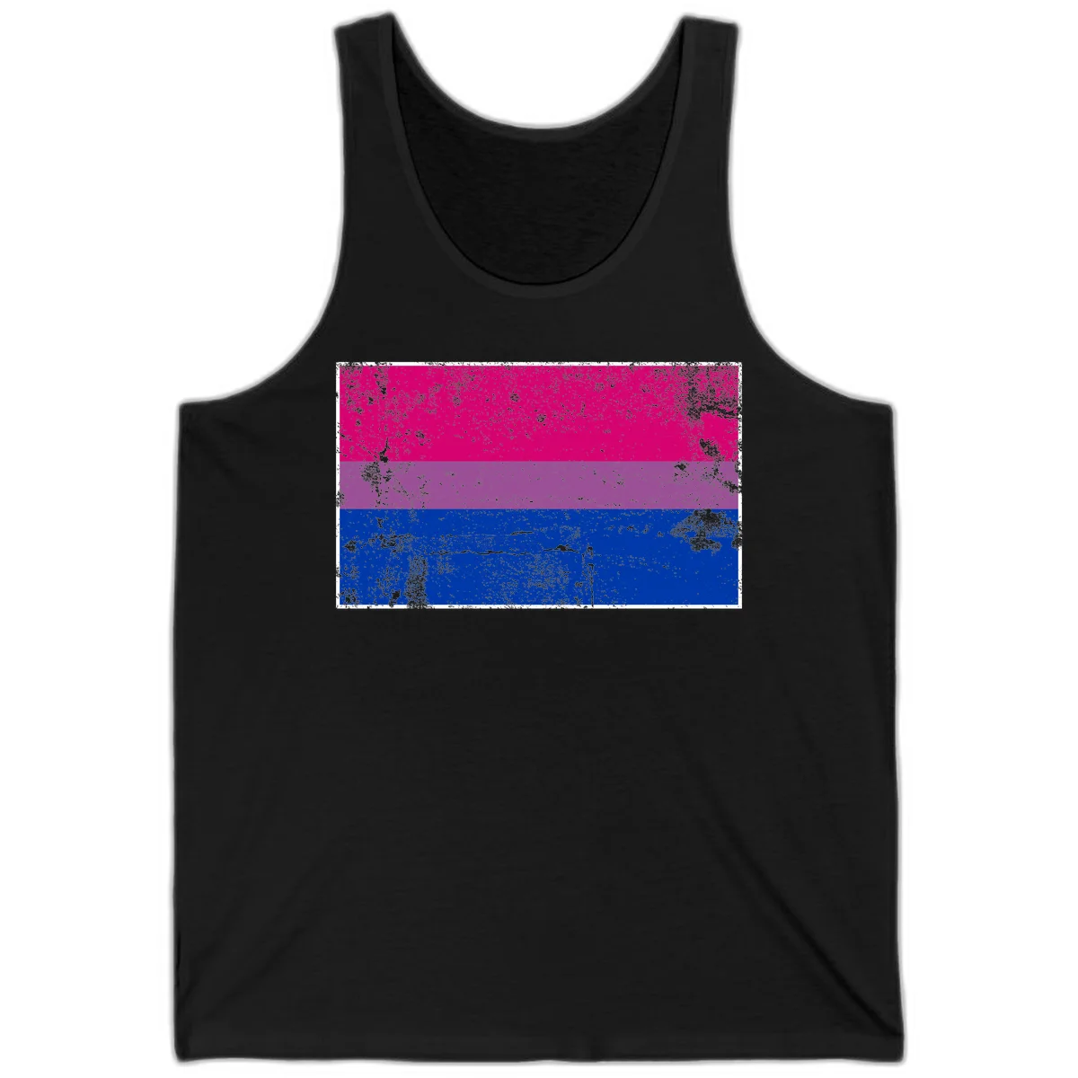 Distressed bisexual pride flag with magenta, purple, and blue horizontal stripes featuring weathered grunge texture overlay in Black