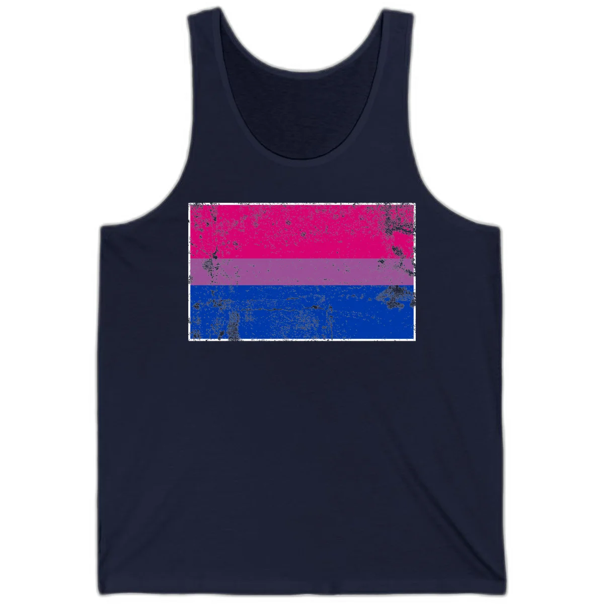 Distressed bisexual pride flag with magenta, purple, and blue horizontal stripes featuring weathered grunge texture overlay in Navy