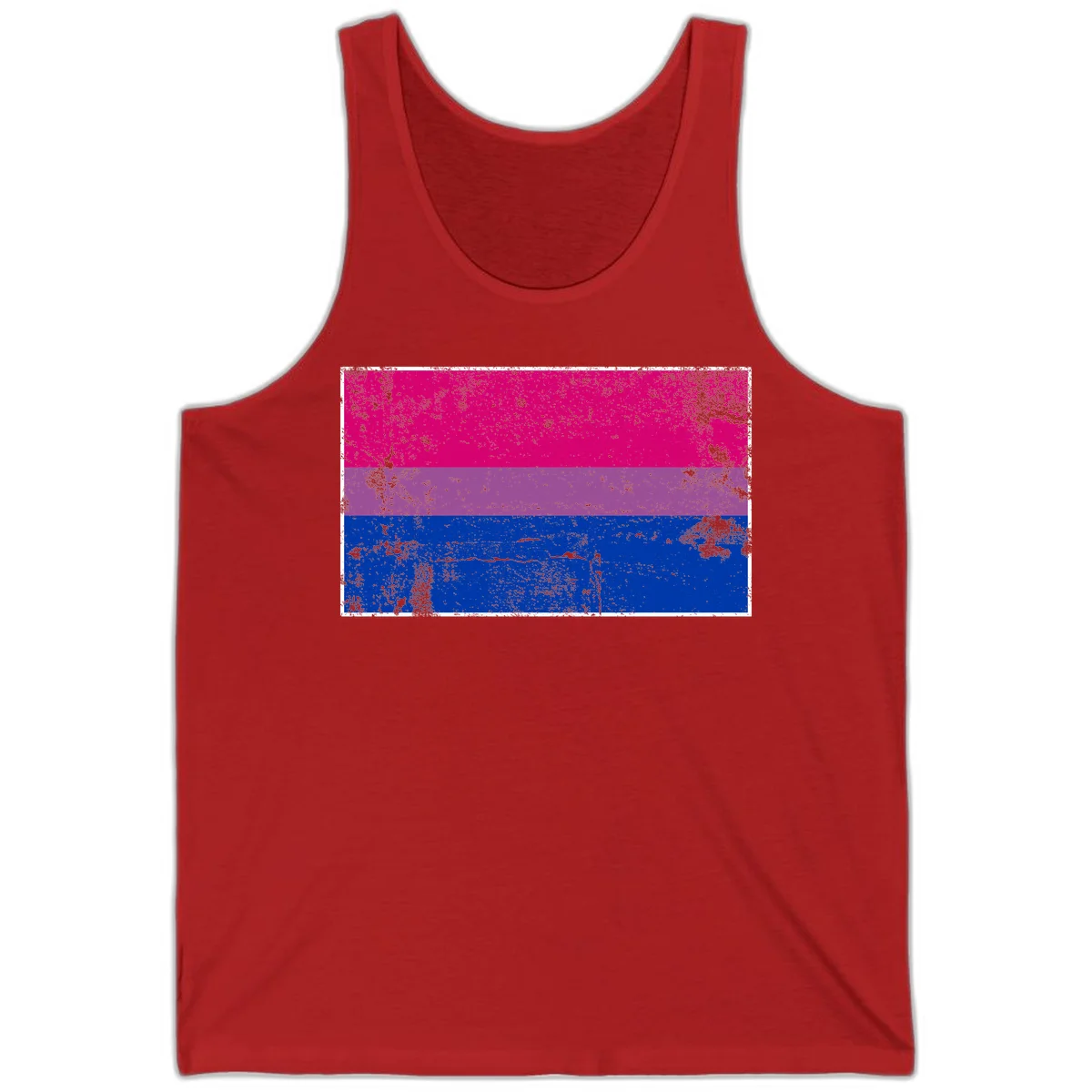 Distressed bisexual pride flag with magenta, purple, and blue horizontal stripes featuring weathered grunge texture overlay in Red