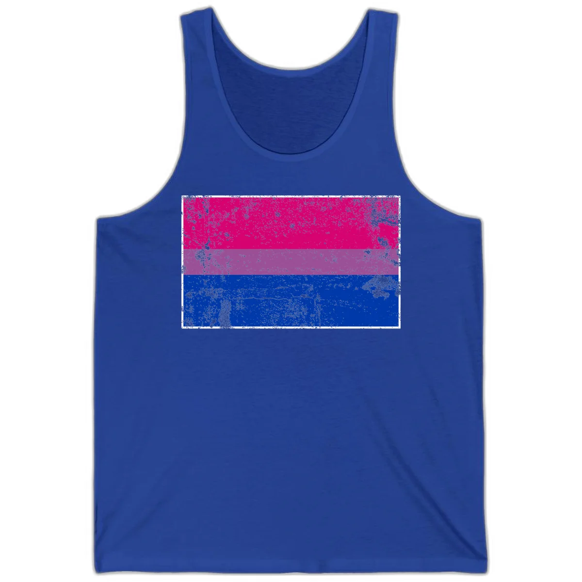 Distressed bisexual pride flag with magenta, purple, and blue horizontal stripes featuring weathered grunge texture overlay in True Royal