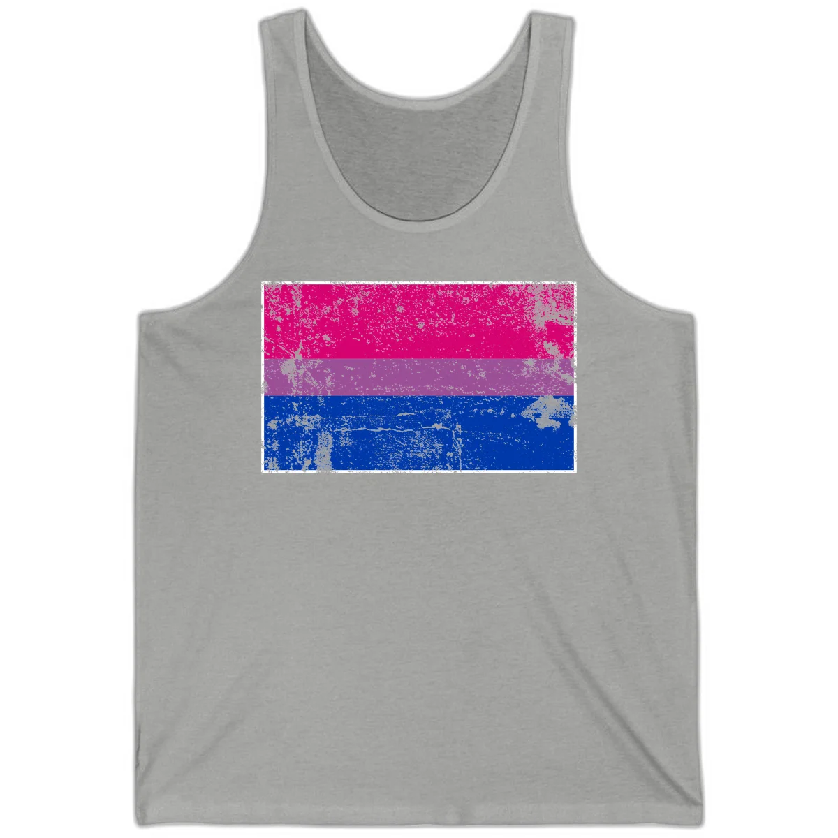 Distressed bisexual pride flag with magenta, purple, and blue horizontal stripes featuring weathered grunge texture overlay in Athletic Heather