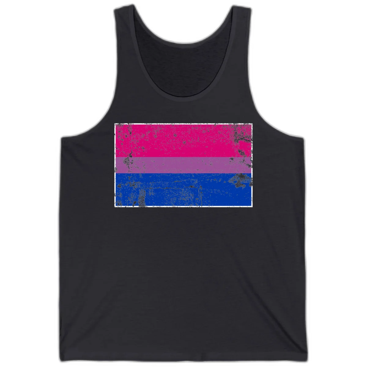 Distressed bisexual pride flag with magenta, purple, and blue horizontal stripes featuring weathered grunge texture overlay in Dark Grey