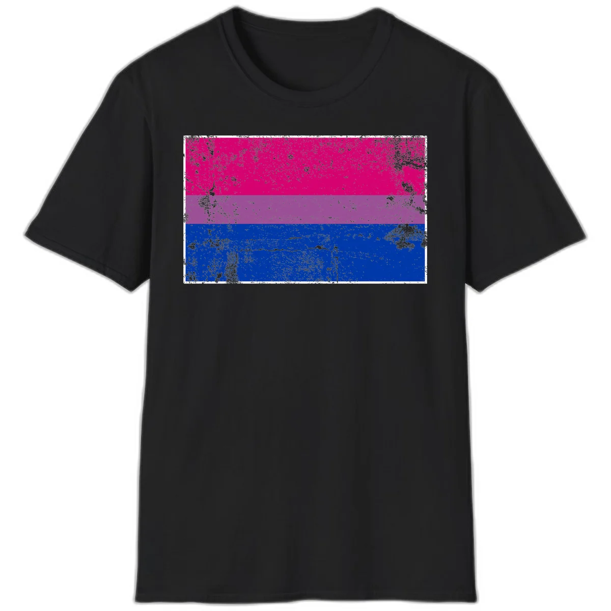 Distressed bisexual pride flag with magenta, purple, and blue horizontal stripes featuring weathered grunge texture overlay in Black
