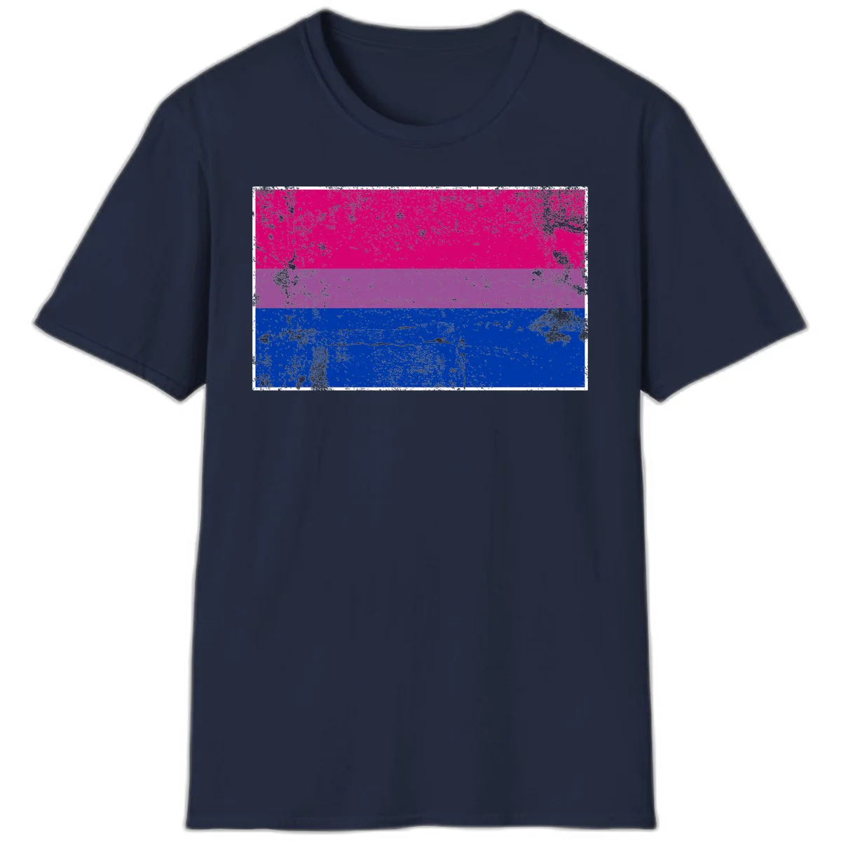 Distressed bisexual pride flag with magenta, purple, and blue horizontal stripes featuring weathered grunge texture overlay in Navy