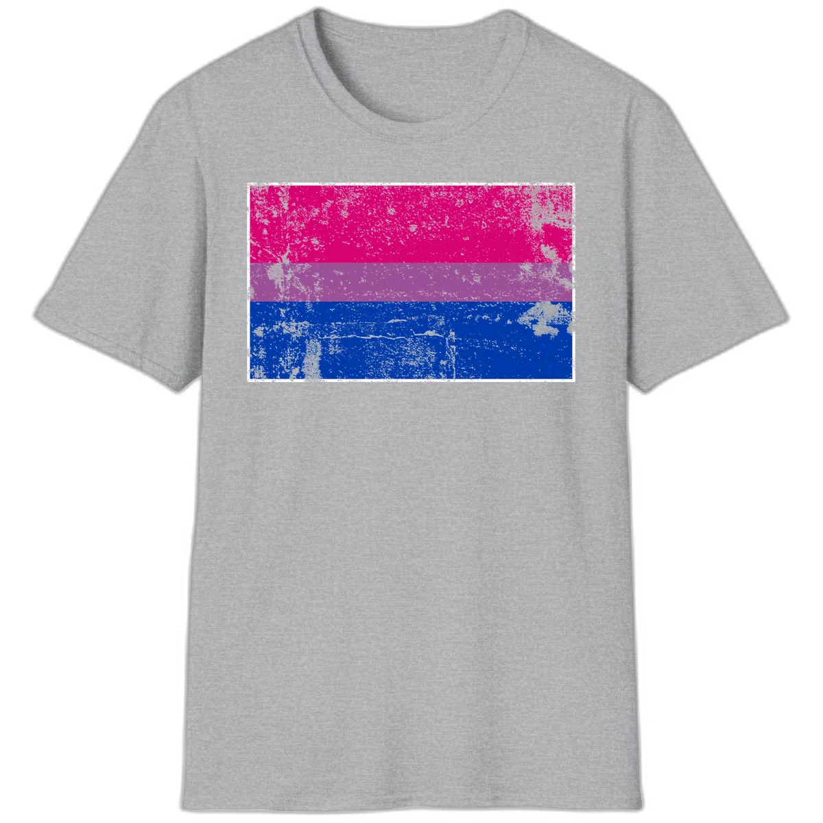 Distressed bisexual pride flag with magenta, purple, and blue horizontal stripes featuring weathered grunge texture overlay in Sport Grey