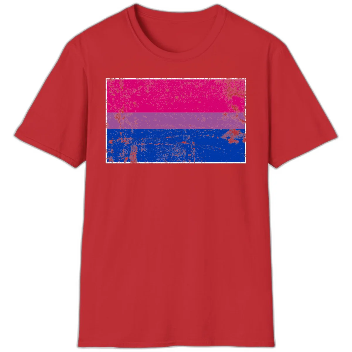 Distressed bisexual pride flag with magenta, purple, and blue horizontal stripes featuring weathered grunge texture overlay in Red