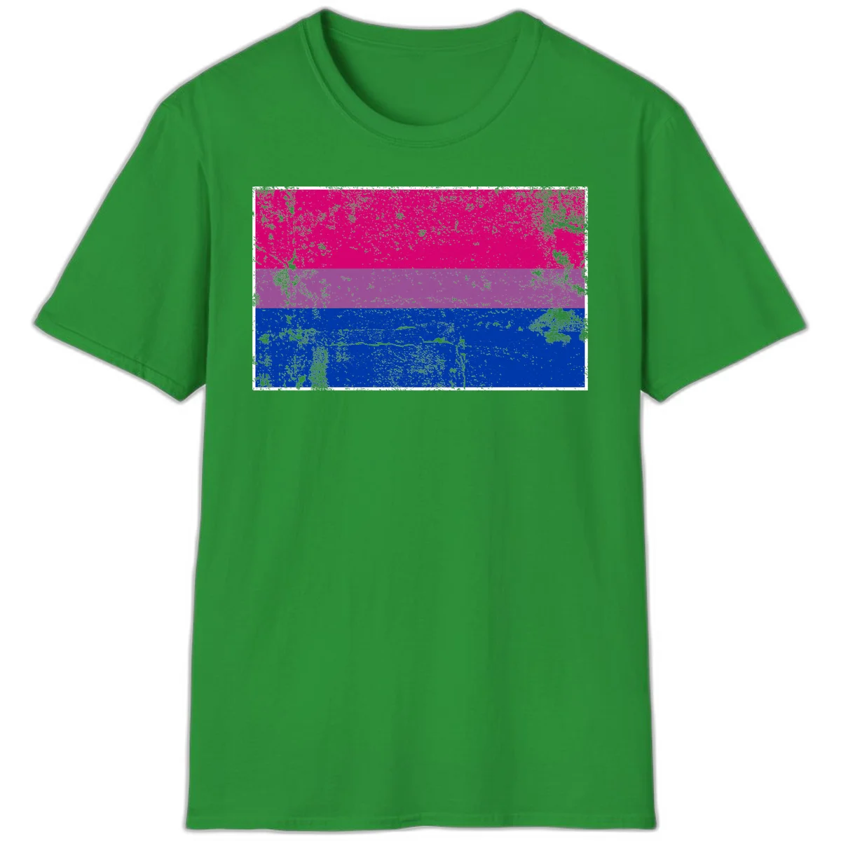 Distressed bisexual pride flag with magenta, purple, and blue horizontal stripes featuring weathered grunge texture overlay in Irish Green