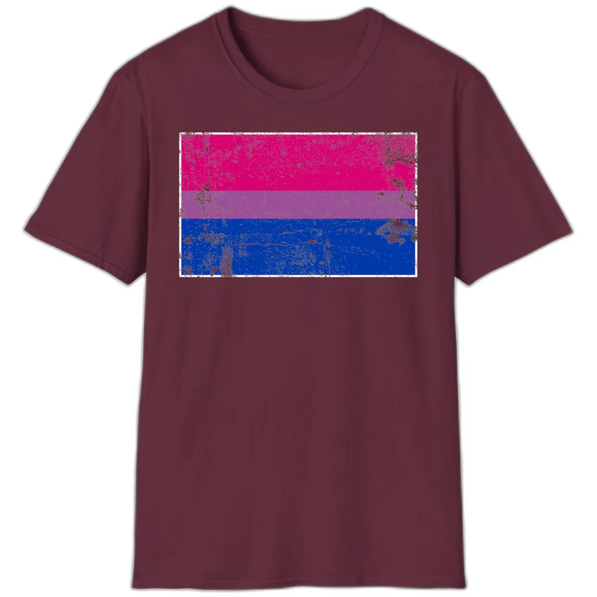 Distressed bisexual pride flag with magenta, purple, and blue horizontal stripes featuring weathered grunge texture overlay in Maroon
