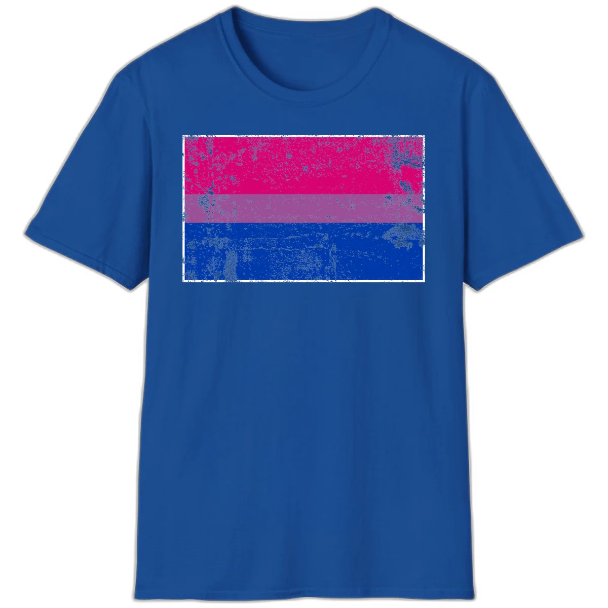 Distressed bisexual pride flag with magenta, purple, and blue horizontal stripes featuring weathered grunge texture overlay in Royal
