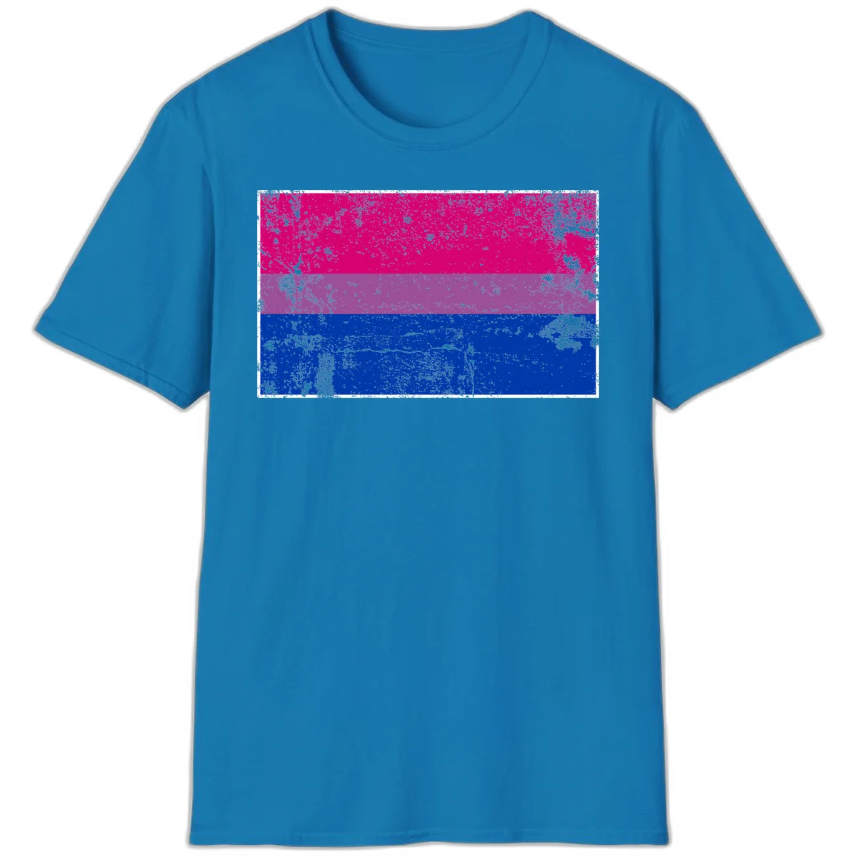 Distressed bisexual pride flag with magenta, purple, and blue horizontal stripes featuring weathered grunge texture overlay in Sapphire