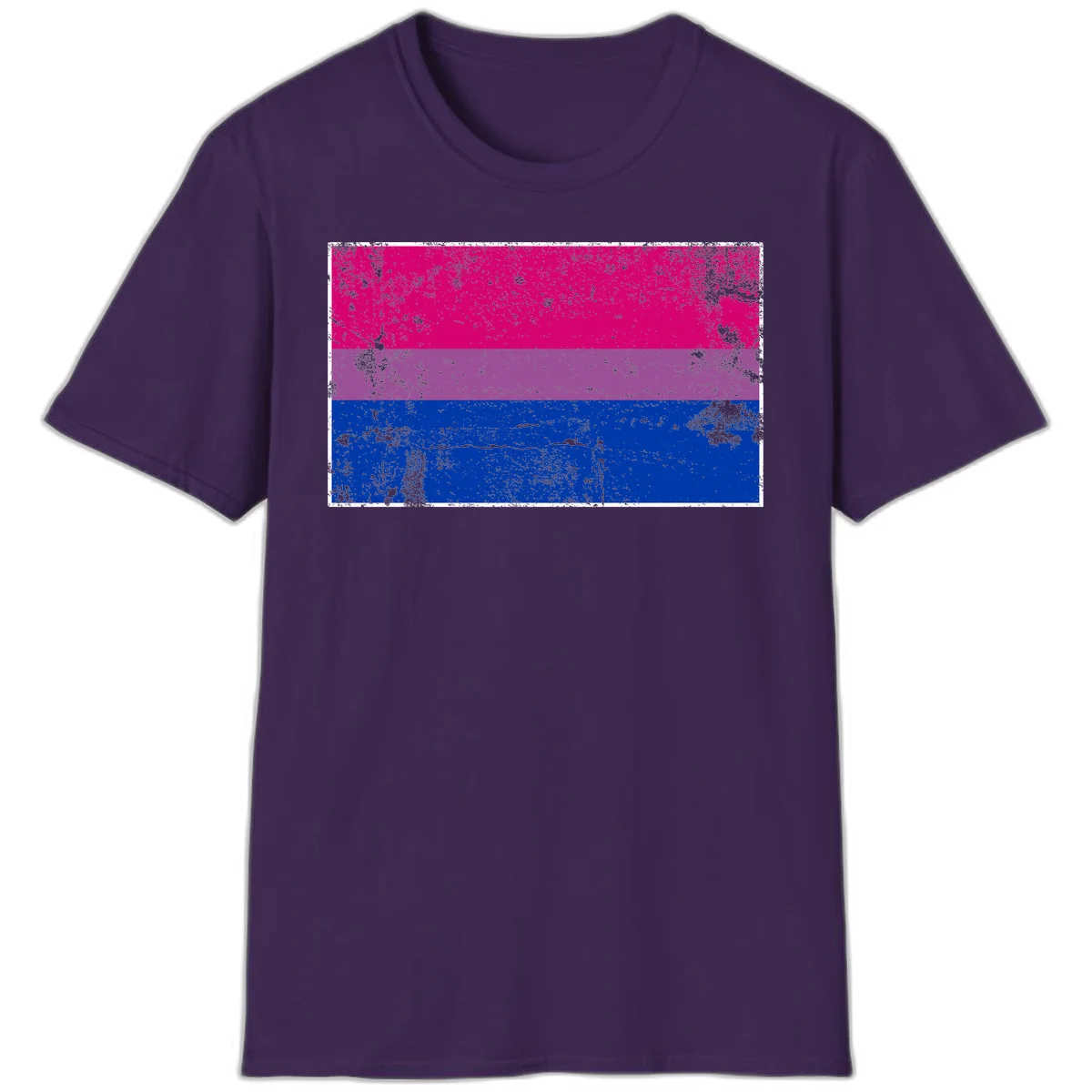 Distressed bisexual pride flag with magenta, purple, and blue horizontal stripes featuring weathered grunge texture overlay in Purple