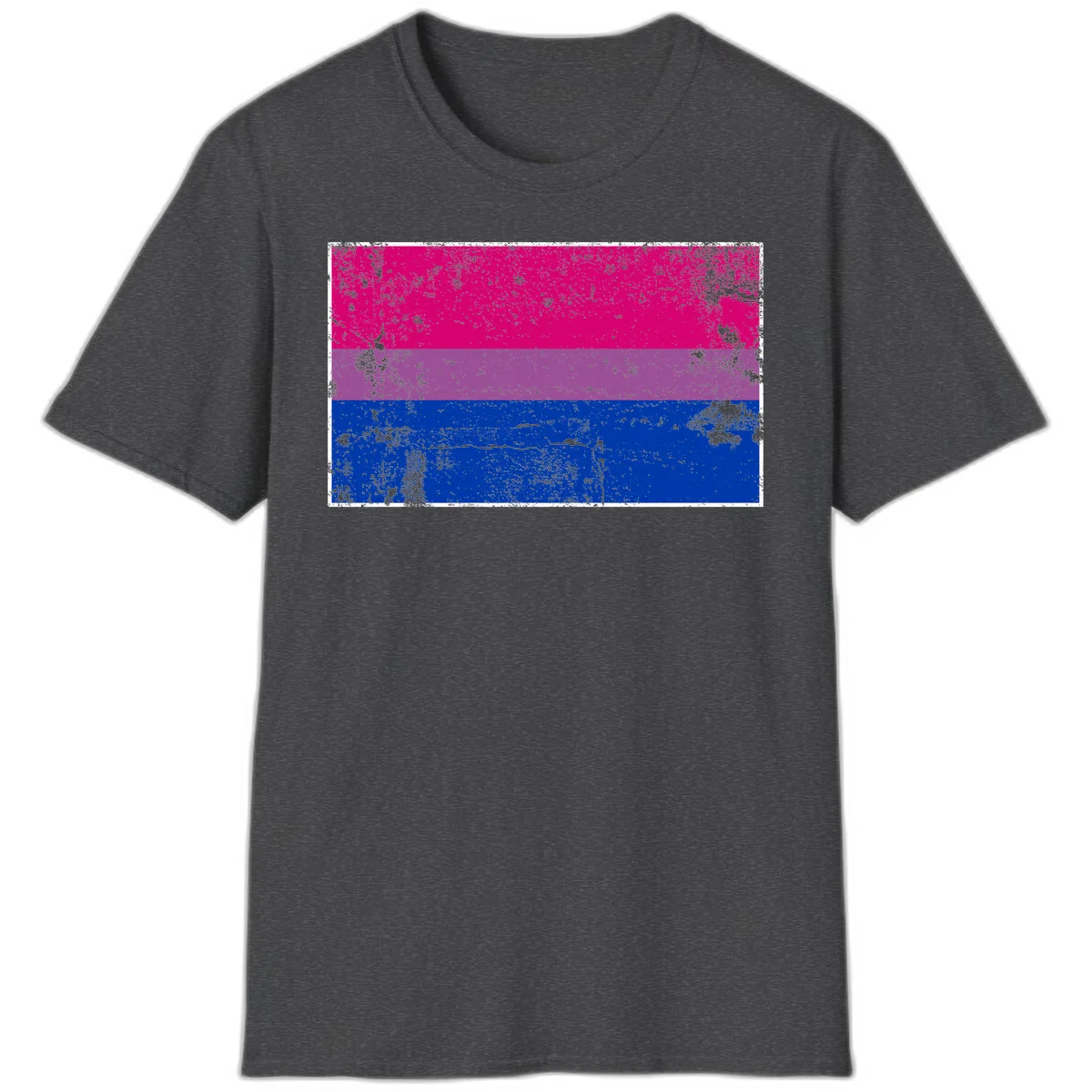 Distressed bisexual pride flag with magenta, purple, and blue horizontal stripes featuring weathered grunge texture overlay in Dark Heather