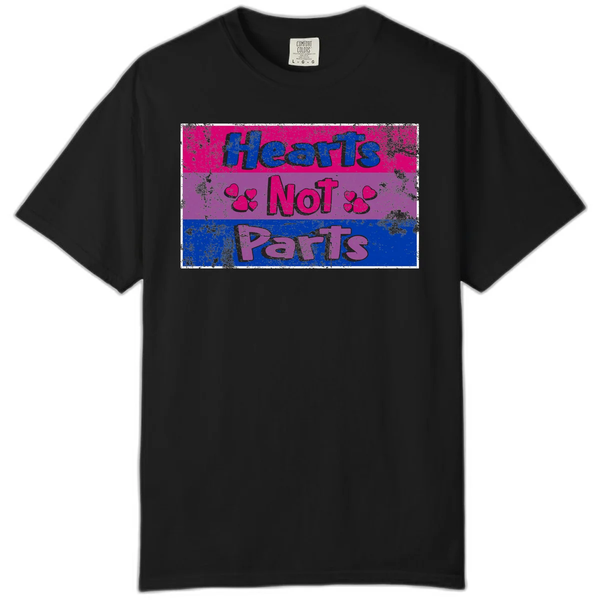 Distressed colorblock design with blue, magenta, and purple stripes featuring 'Hearts NOT Parts' text with heart icons, pride message artwork in Black
