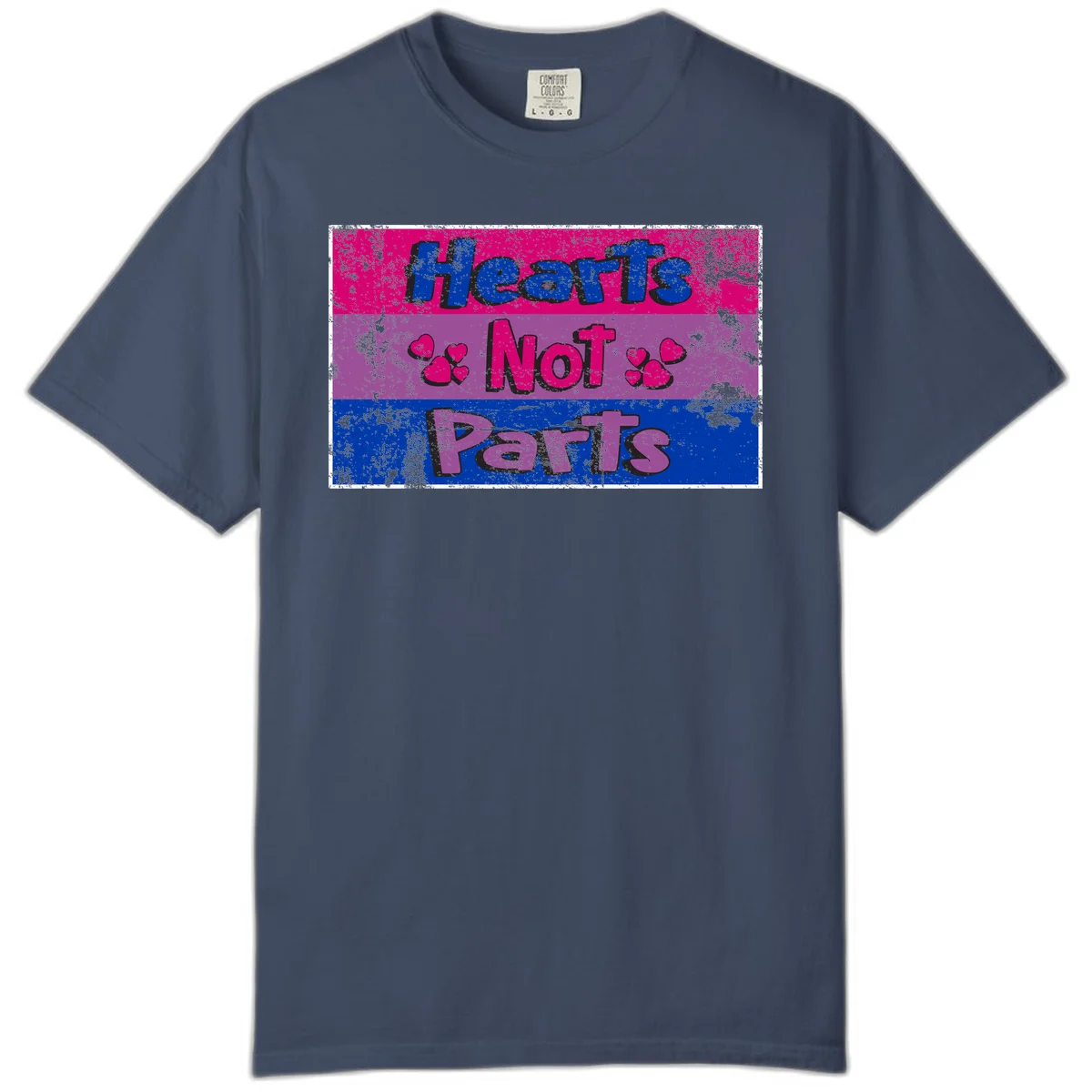 Distressed colorblock design with blue, magenta, and purple stripes featuring 'Hearts NOT Parts' text with heart icons, pride message artwork in Midnight