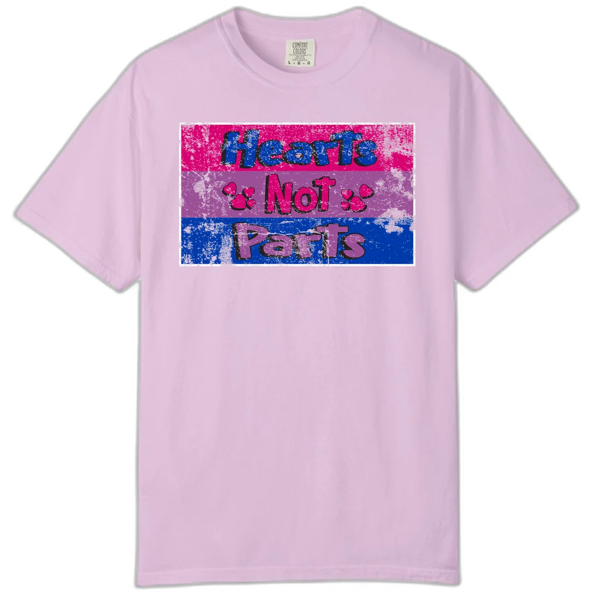Distressed colorblock design with blue, magenta, and purple stripes featuring 'Hearts NOT Parts' text with heart icons, pride message artwork in Orchid