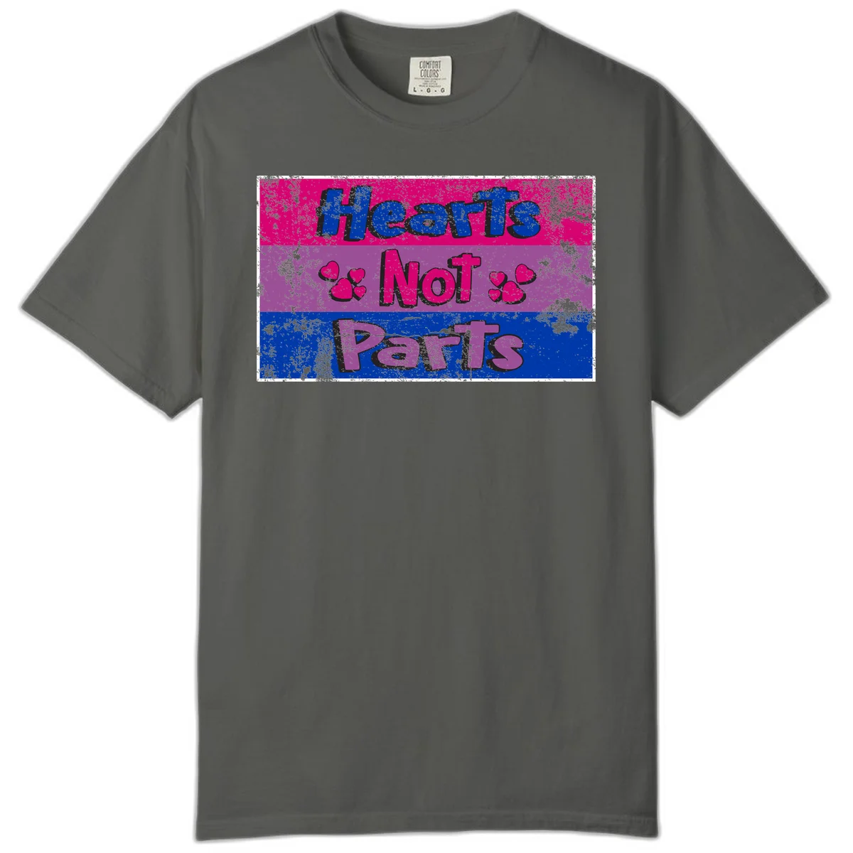 Distressed colorblock design with blue, magenta, and purple stripes featuring 'Hearts NOT Parts' text with heart icons, pride message artwork in Pepper