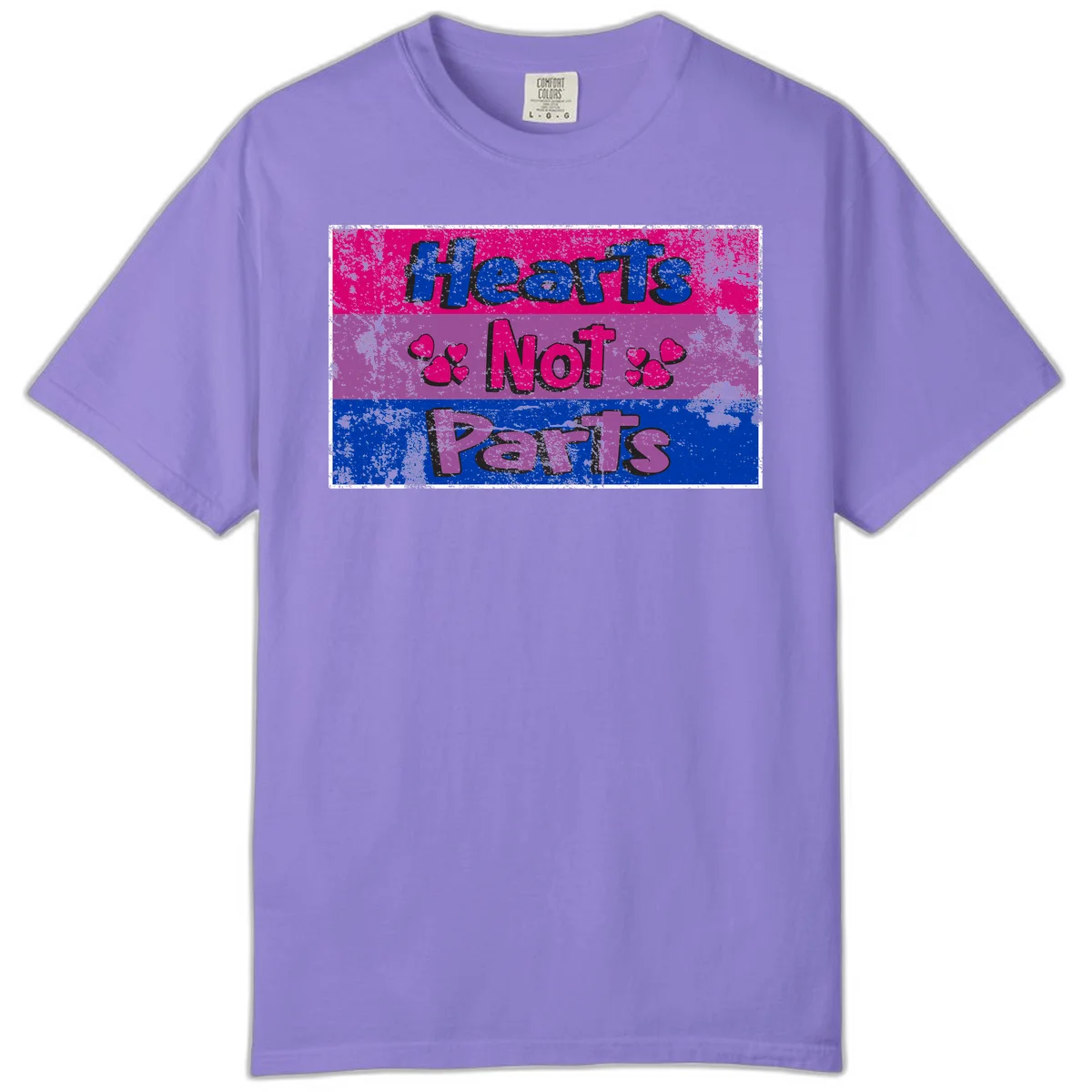 Distressed colorblock design with blue, magenta, and purple stripes featuring 'Hearts NOT Parts' text with heart icons, pride message artwork in Violet