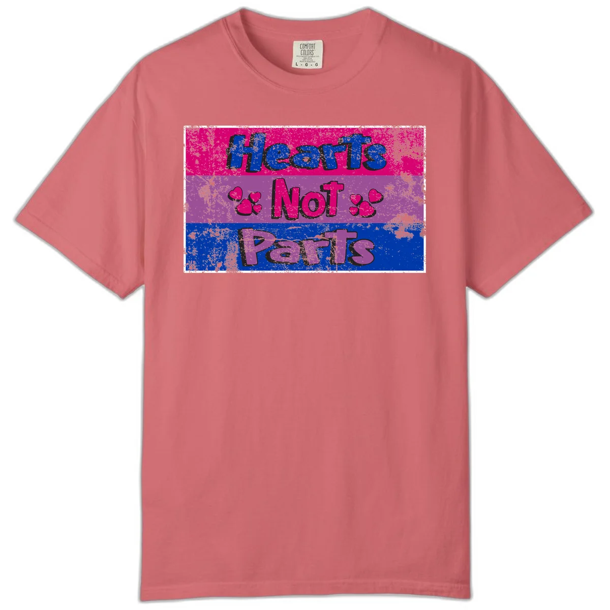 Distressed colorblock design with blue, magenta, and purple stripes featuring 'Hearts NOT Parts' text with heart icons, pride message artwork in Watermelon