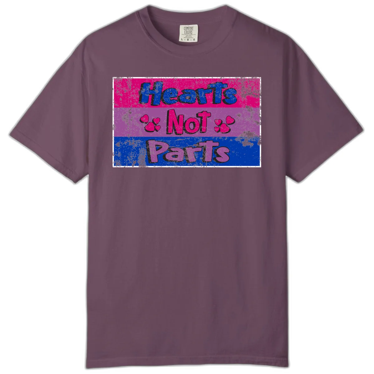 Distressed colorblock design with blue, magenta, and purple stripes featuring 'Hearts NOT Parts' text with heart icons, pride message artwork in Berry