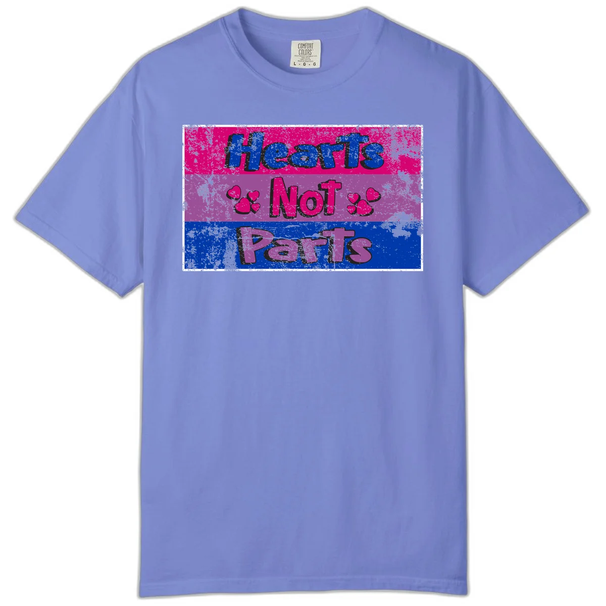Distressed colorblock design with blue, magenta, and purple stripes featuring 'Hearts NOT Parts' text with heart icons, pride message artwork in Flo Blue