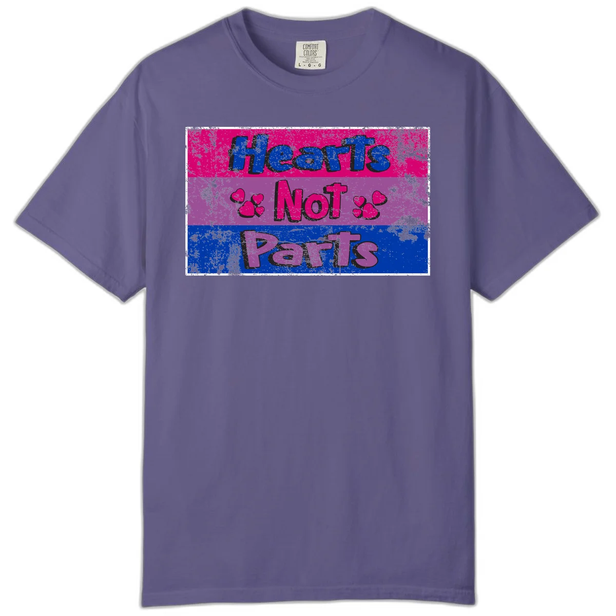 Distressed colorblock design with blue, magenta, and purple stripes featuring 'Hearts NOT Parts' text with heart icons, pride message artwork in Grape