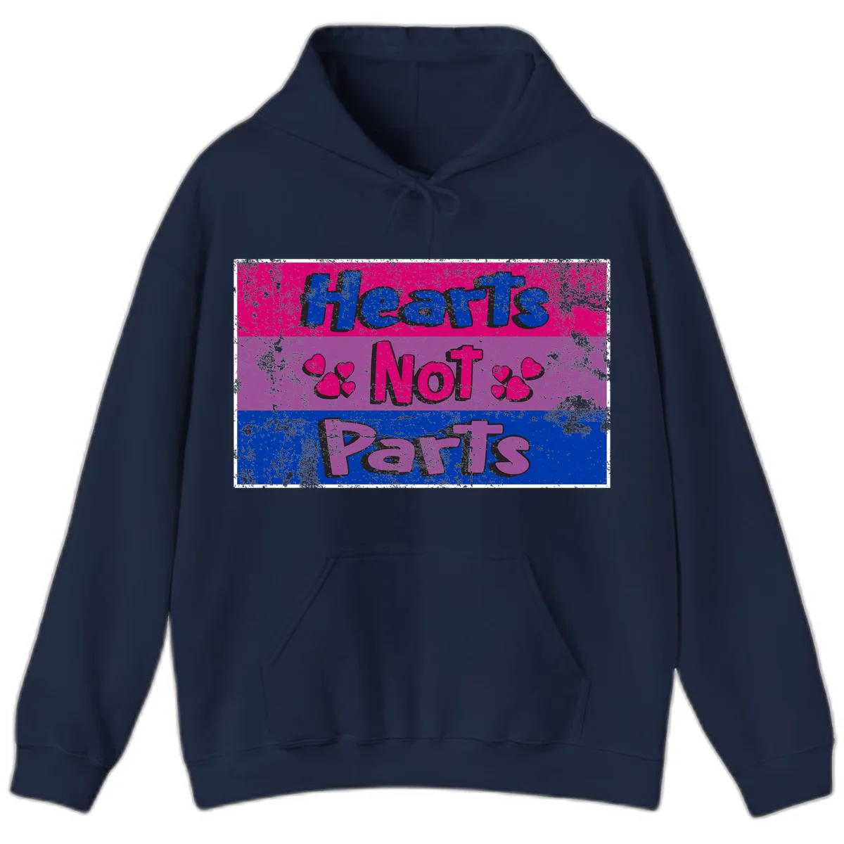 Distressed colorblock design with blue, magenta, and purple stripes featuring 'Hearts NOT Parts' text with heart icons, pride message artwork in Navy