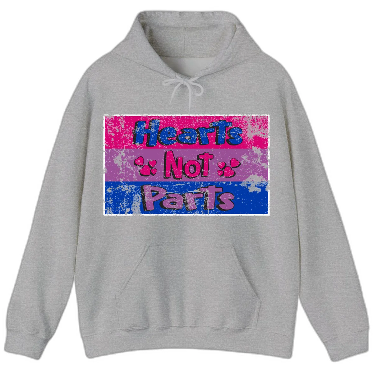 Distressed colorblock design with blue, magenta, and purple stripes featuring 'Hearts NOT Parts' text with heart icons, pride message artwork in Sport Grey